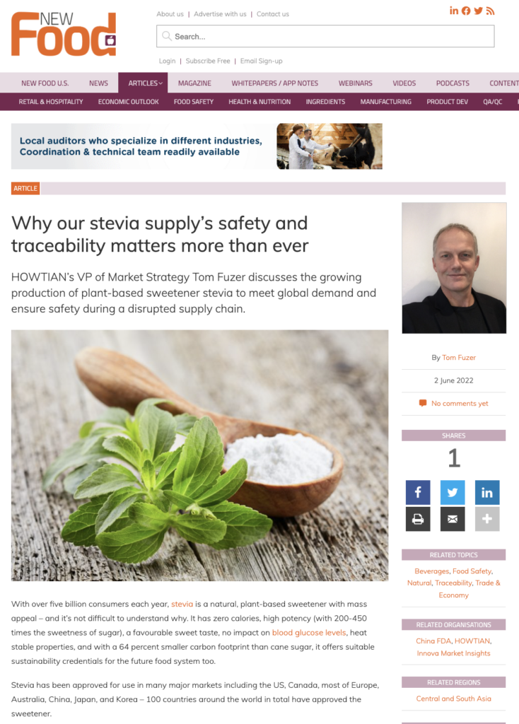 New Food - HOWTIAN Article on Stevia Traceability